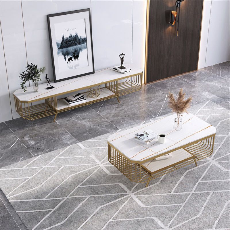 17.7" H Glam Rectangle Slate Coffee Table Iron 4 Legs Cocktail Table with Shelf