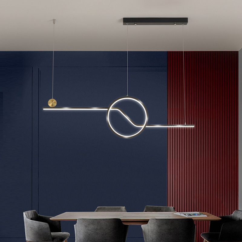 Linear and Circle Hanging Ceiling Light Contemporary Metal Dining Room LED Island Pendant in Black, Warm/White Light