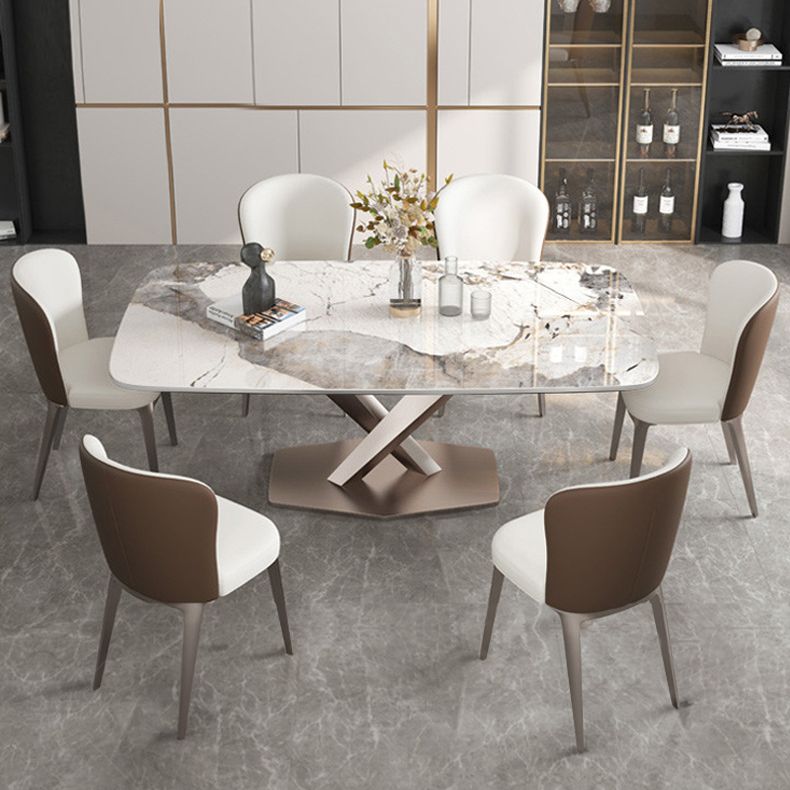 Tavolo rettangolare contemporaneo in metallo tavolo da pranzo in pietra sinterizzato con base di piedistallo