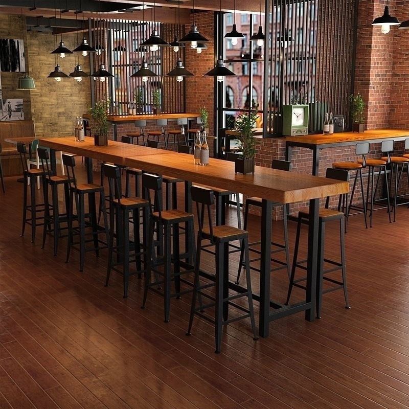 Industrial Style Bar Table Rectangle Solid Wood Bistro Bar Desk with Footrest