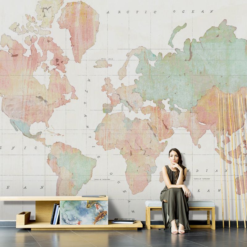 Fresh Green World Map Mural Wallpaper for Restaurant Decoration, Non-Woven Material