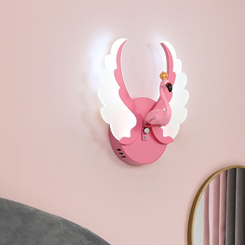 Swan Iron Wall Light Sconce Cartoon White/Pink Finish LED Wall Lamp Fixture with Acrylic Wing in White/Warm Light