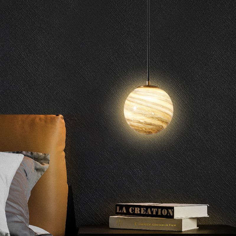 Stained Glass Planet Hanging Lamp Minimalist 1-Light Down Lighting Pendant for Bedroom