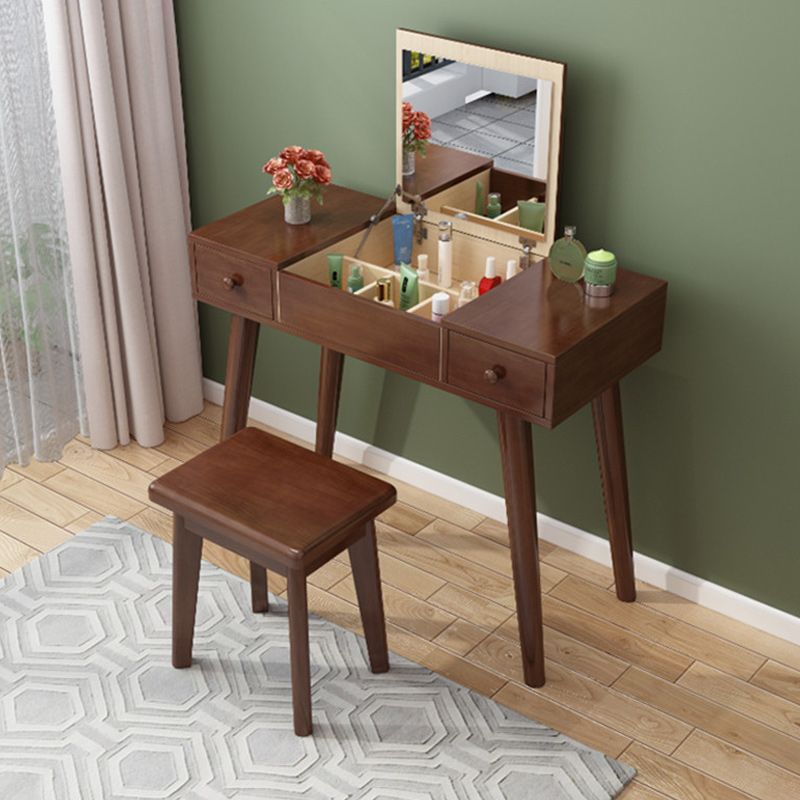 Solid Wood Vanity Makeup Table Set 2 Drawer Flip-Top Dressing Table