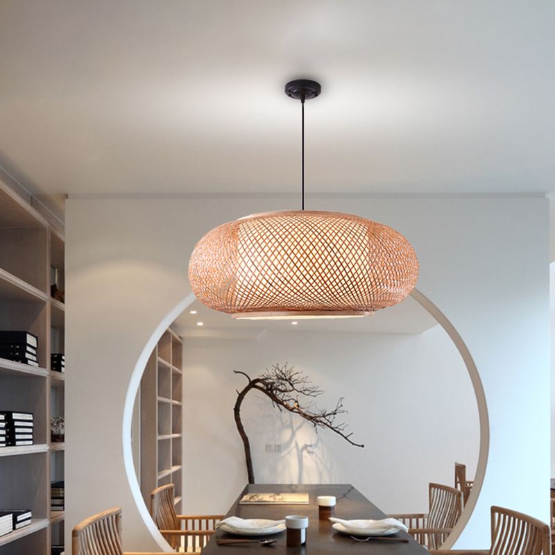 Farmhouse Natural Bamboo Pendant Lighting 1 Light Round Drum Dining Room Hanging Lamp in Beige