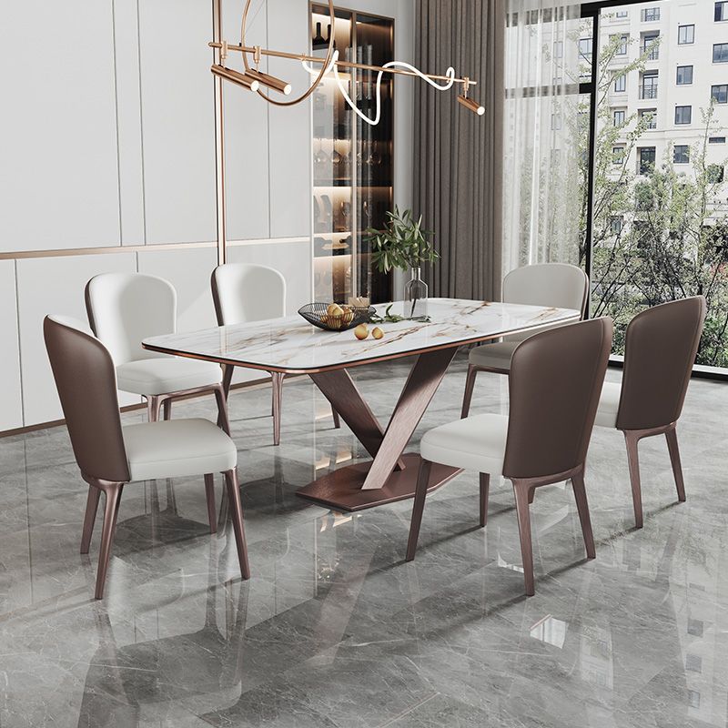 Mesa de comedor blanca de rectángulo glamoroso mesa de comedor de cocina de piedra sinterizada con base de pedestal