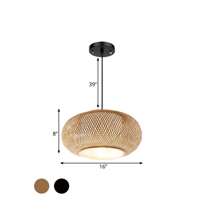 Bamboo Lantern Suspended Light Asian Single Head Hanging Lamp with Fabric Cylinder Shade Inside