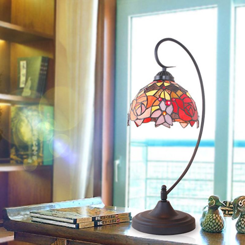 Domed Nightstand Lighting 1 Head Hand Cut Glass Mediterranean Petal Patterned Table Lamp in Black for Bedside