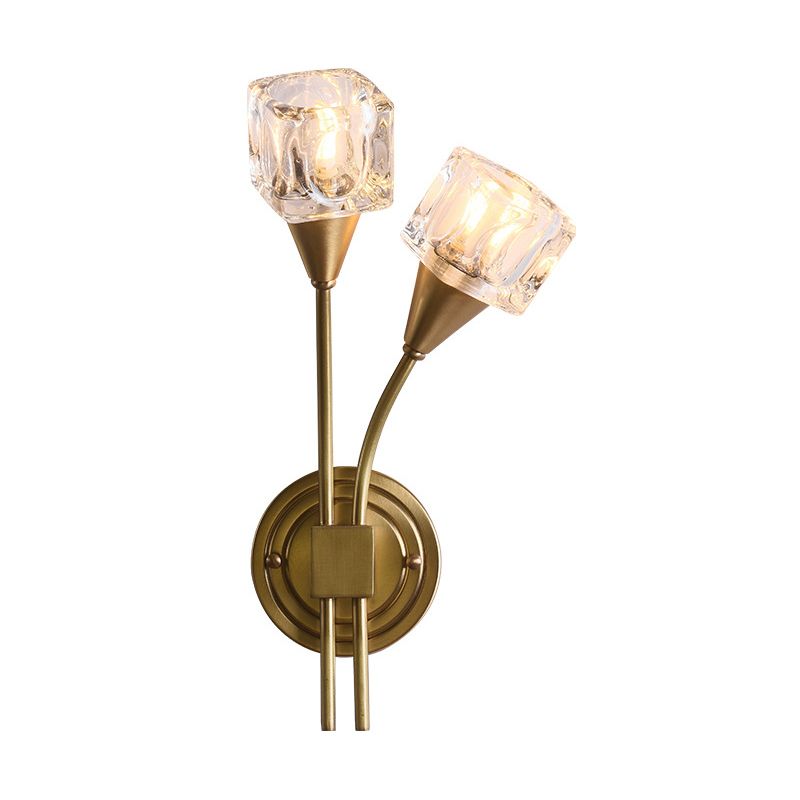 2-Light Gold Wall Lamp in Modern Luxury Style Copper Wall Sconce with Crystal Shade