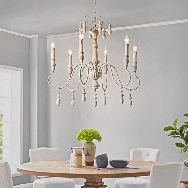 6 Heads Wood Hanging Ceiling Light Country Distressed White Swooping Arm Dining Room Chandelier Lighting