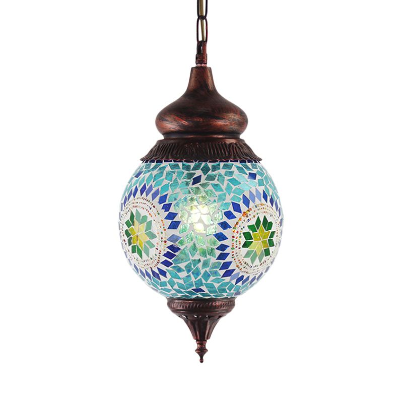 1 Light Spherical Pendant Light Fixture Moroccan Blue Metal Hanging Lamp Kit for Dining Room