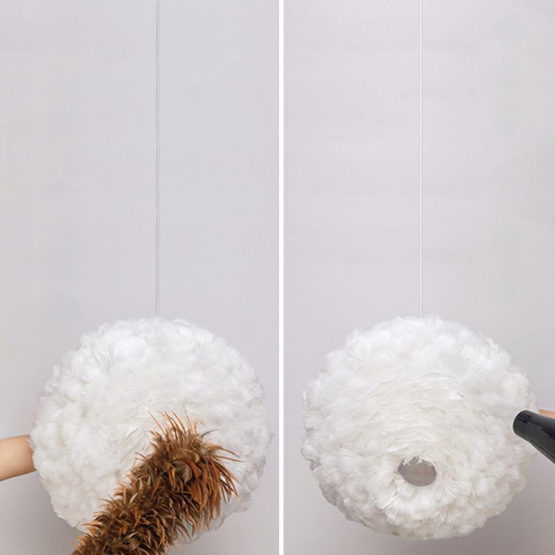 Feather White Hanging Lamp in Modern Style Round Shaped Indoor Pendant Light