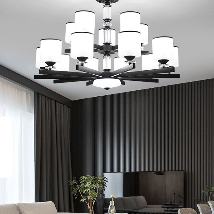Milky Glass Cup Chandelier Modern Style Black Finish Hanging Light for Living Room