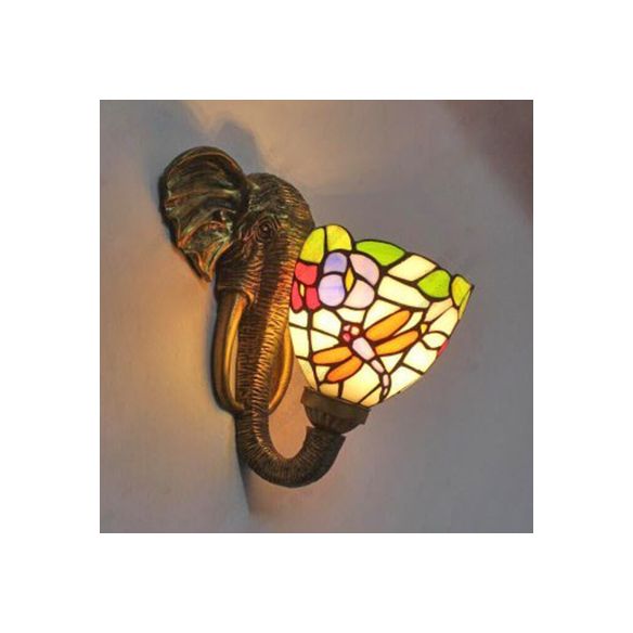 Bowl Sconce Lighting with Elephant Design and Flower/Morning Glory/Dragonfly/Blue Flower Pattern Lodge Style Stained Glass Wall Lamp in Brass
