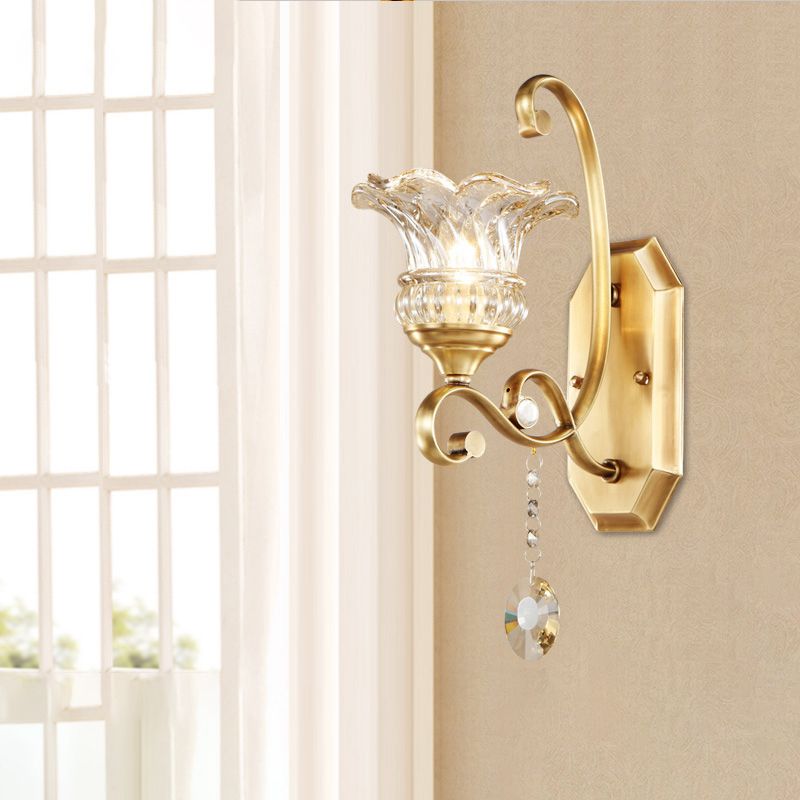 Flower Sconce Light Fixture Modern Clear Glass 1/2 Lights Brass Wall Lamp with Crystal Accent