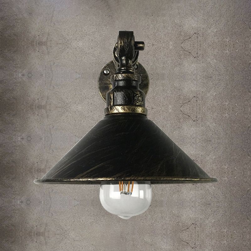 Antique Brass 1-Bulb Sconce Lighting Vintage Metal Cone Shade Wall Mounted Lamp for Restaurant