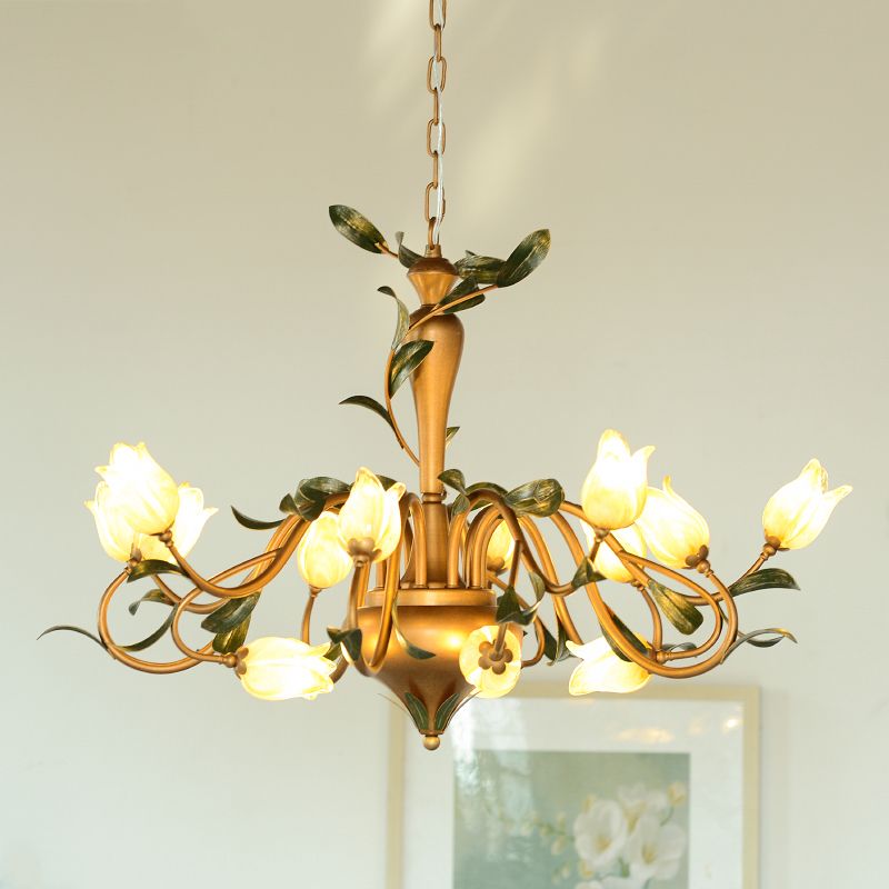 Frosted Glass Brass Hanging Chandelier Floral 15 Lights Countryside Down Lighting Pendant for Bedroom