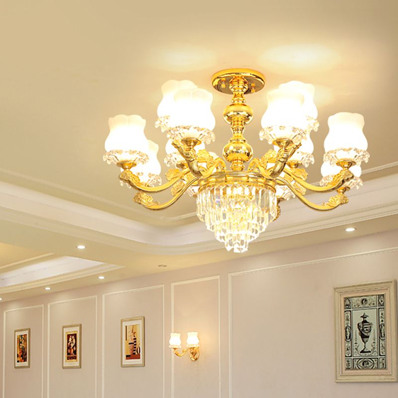 Retro Style Bud Suspension Light Cream Glass Chandelier Light with Layered Crystal Decor in Gold