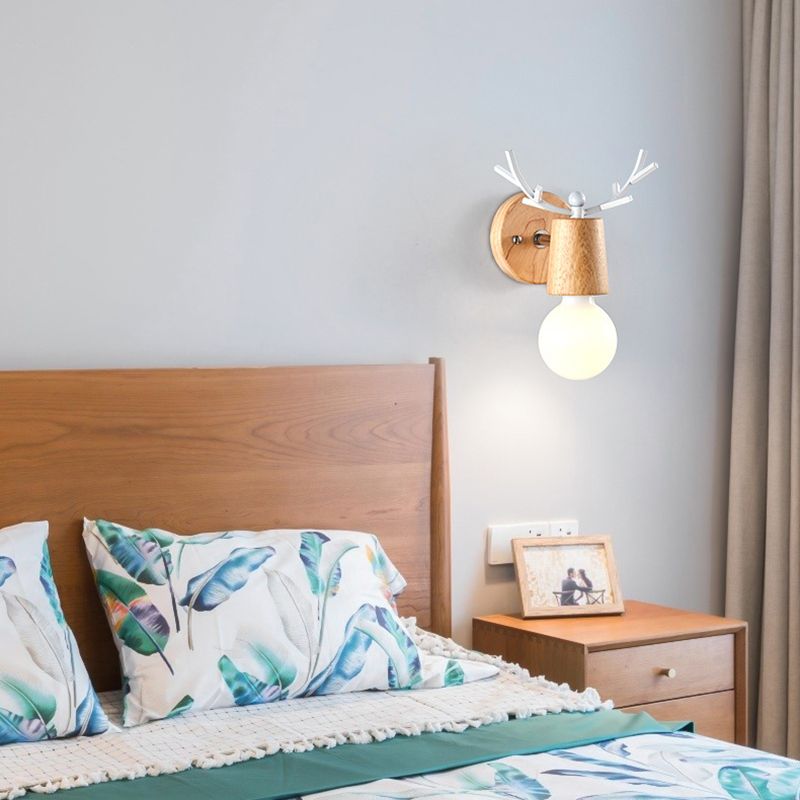 Wooden Wall Lamp in Modern Minimalist Style White Glass Wall Sconce with Antler Decoration