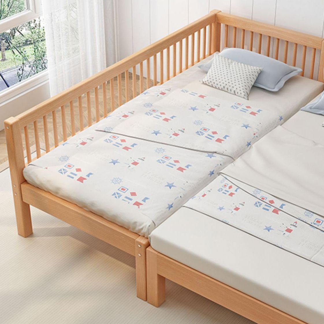 Solid Wood Contemporary Washed Nursery Bed with Guardrail for Bedroom
