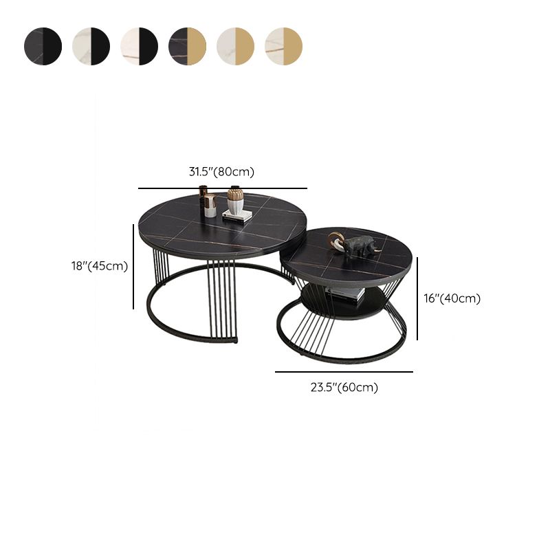 Round Slate Coffee Table Glam Nesting Coffee Table Set with Storage Shelf