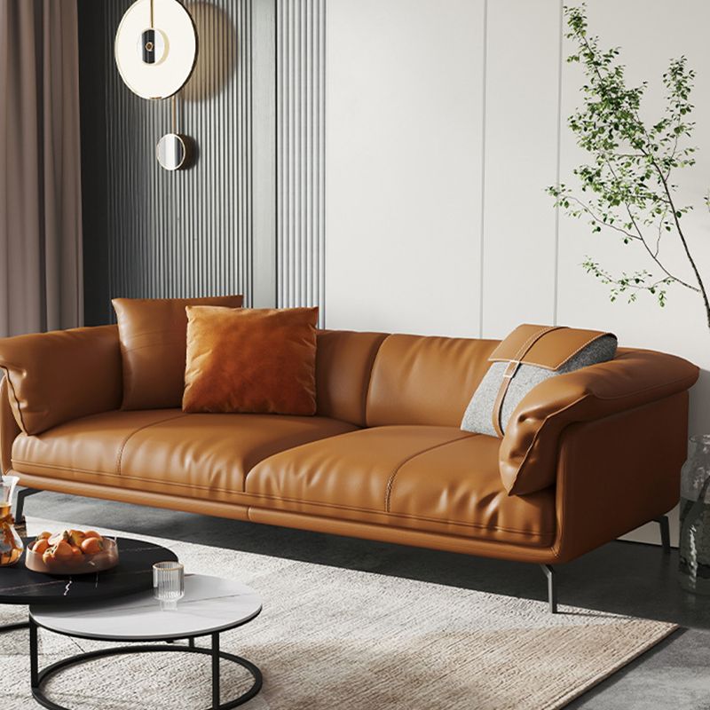 Modern Style Square Armrest Padded Down Seat Orange Leather Sofa