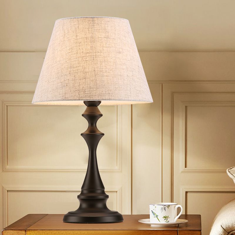 White Conic Nightstand Lamp Countryside Fabric 1 Head Family Room Table Light with Balustrade Stand