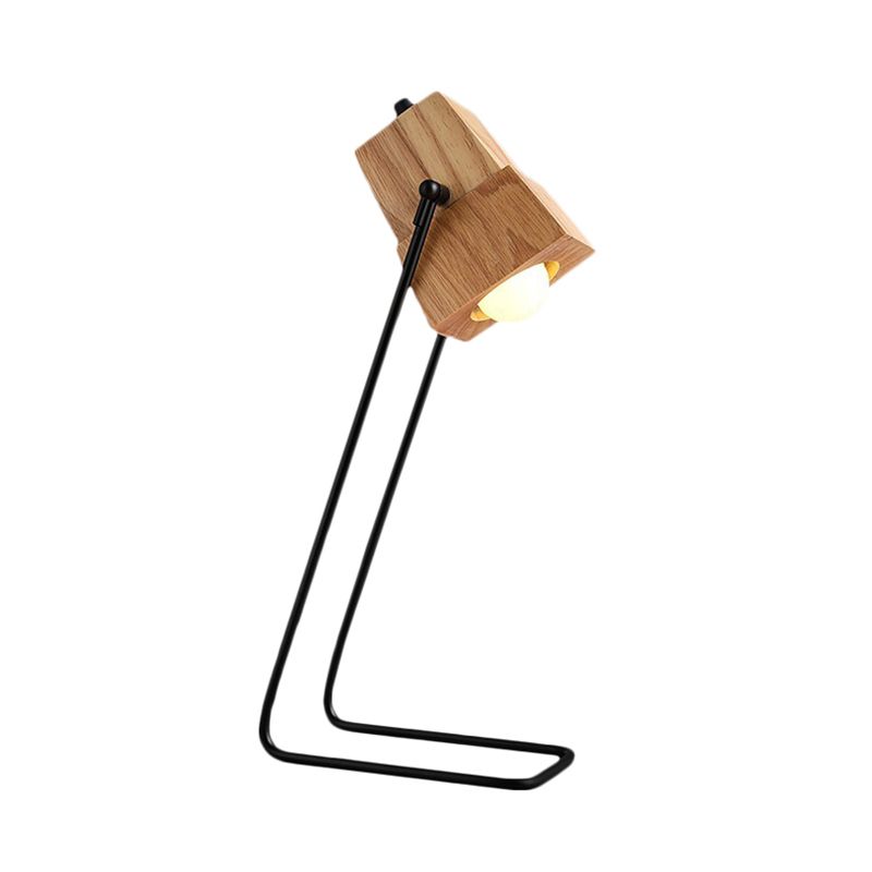 Wood Bell Shape Task Lamp Modern 1-Light Beige Reading Book Light with Black Slim Arm