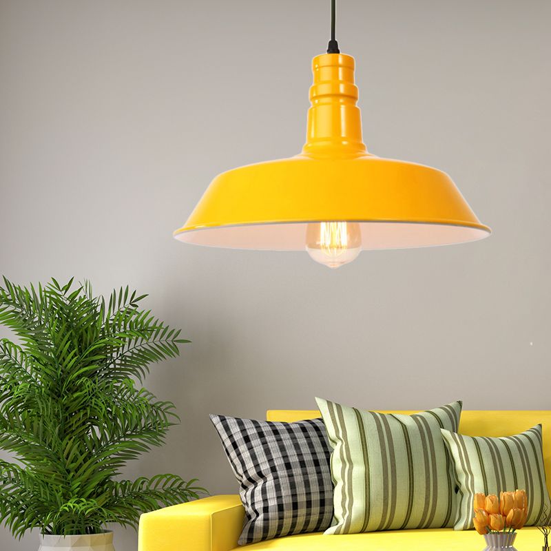 Metal Barn Shade Hanging Lamp Retro Style 1 Bulb Living Room Ceiling Pendant Fixture in Pink/Yellow, 10"/14"/18" Diameter