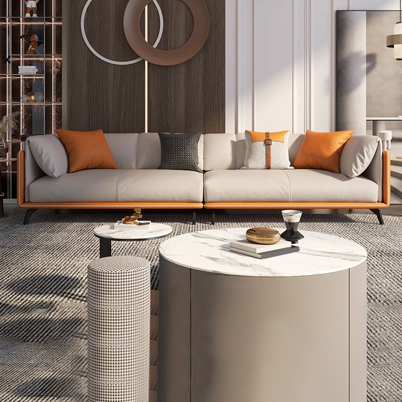 Contemporary Faux Leather Sofa with Tuxedo Arm in Orange and White