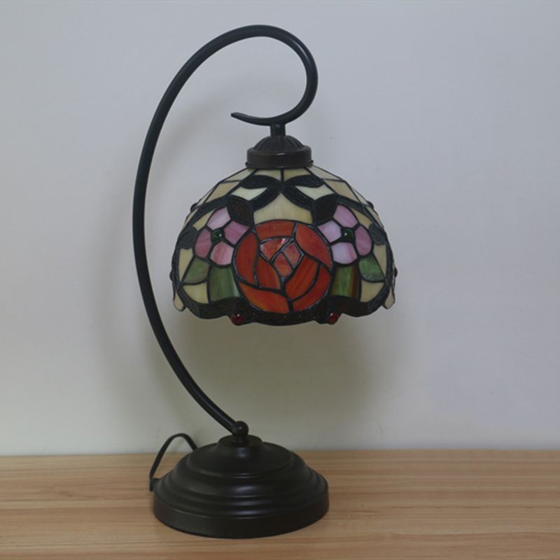 1-Bulb Domed Table Lighting Baroque Red/Pink/Brown Cut Glass Rose/Tulip Patterned Nightstand Lamp with Curvy Arm