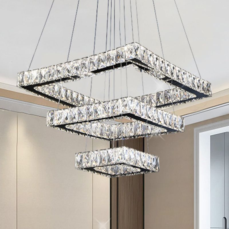 Square Ceiling Chandelier Minimalist Crystal LED Black Pendant Lighting Fixture
