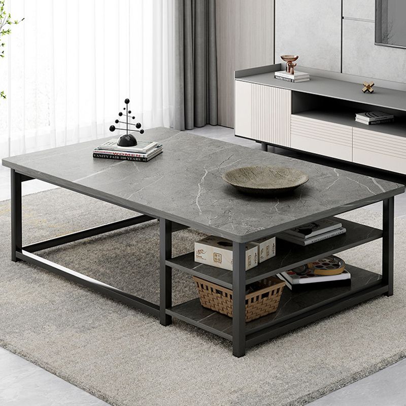 16.53" H Rectangle Wooden Coffee Table Metal Frame Cocktail Table with Shelves