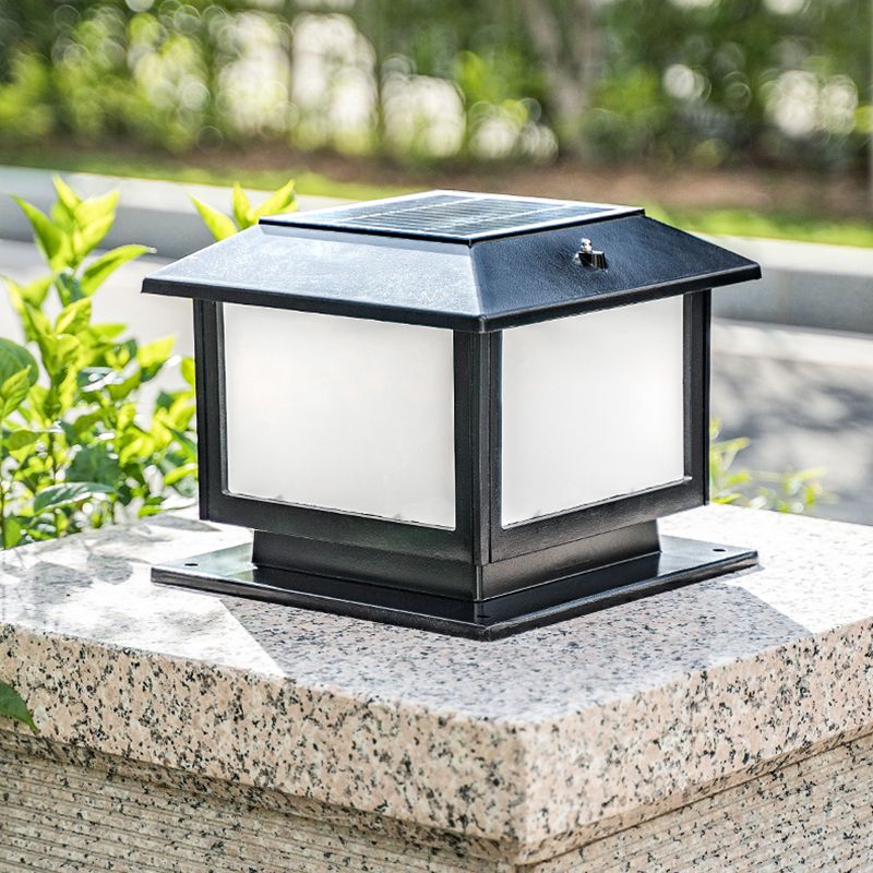 Square Solar Pillar Lamp Contemporary Metal Outdoor Waterproof Light