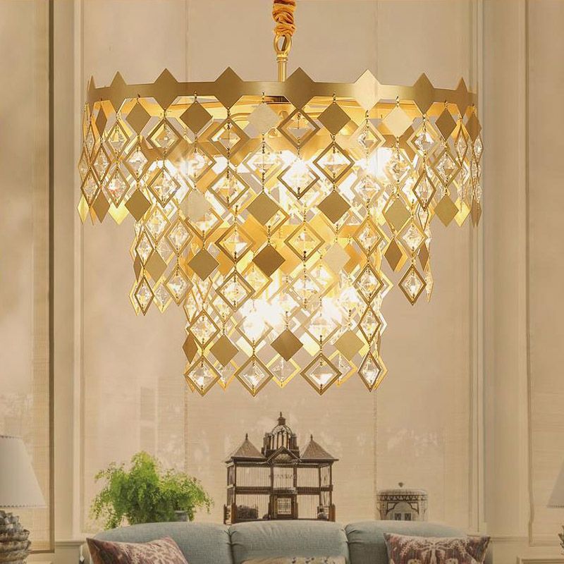 3 Tiers Dining Room Chandelier Light K9 Crystal 6 Heads Postmodern Pendant Light Fixture in Gold
