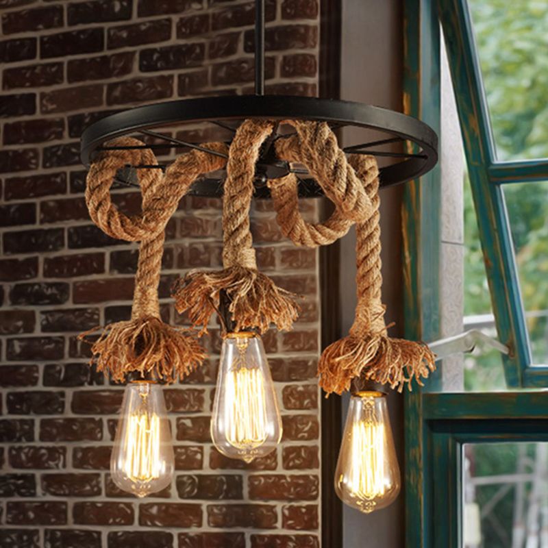 Multi-Lights Hemp Rope Design Retro Chandelier Light Black Wrought Iron Wheels Industrial Style Lighting Fixture in Restaurant Bar