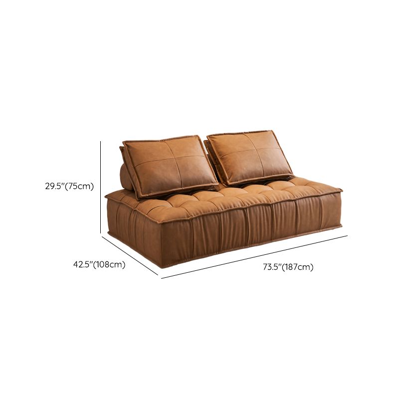 Tufted Leather Sectionals in Brown Mid-Century Modern Blocks Sofa with Pillows