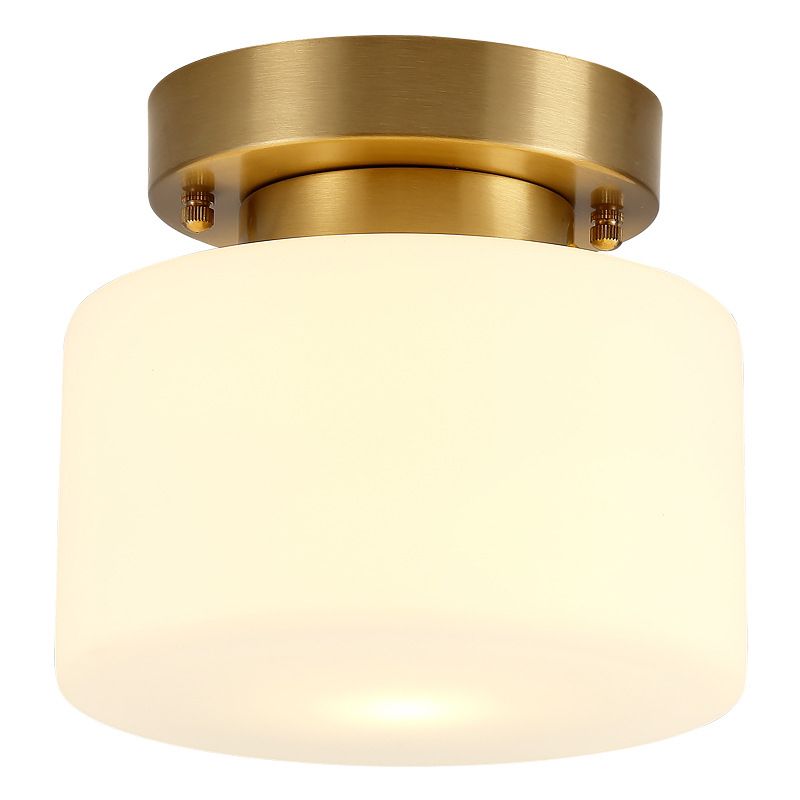 Lámpara de techo cilíndrica de cristal de estilo tradicional, placa de techo de latón, accesorio de iluminación mini para dormitorio de 1 luz
