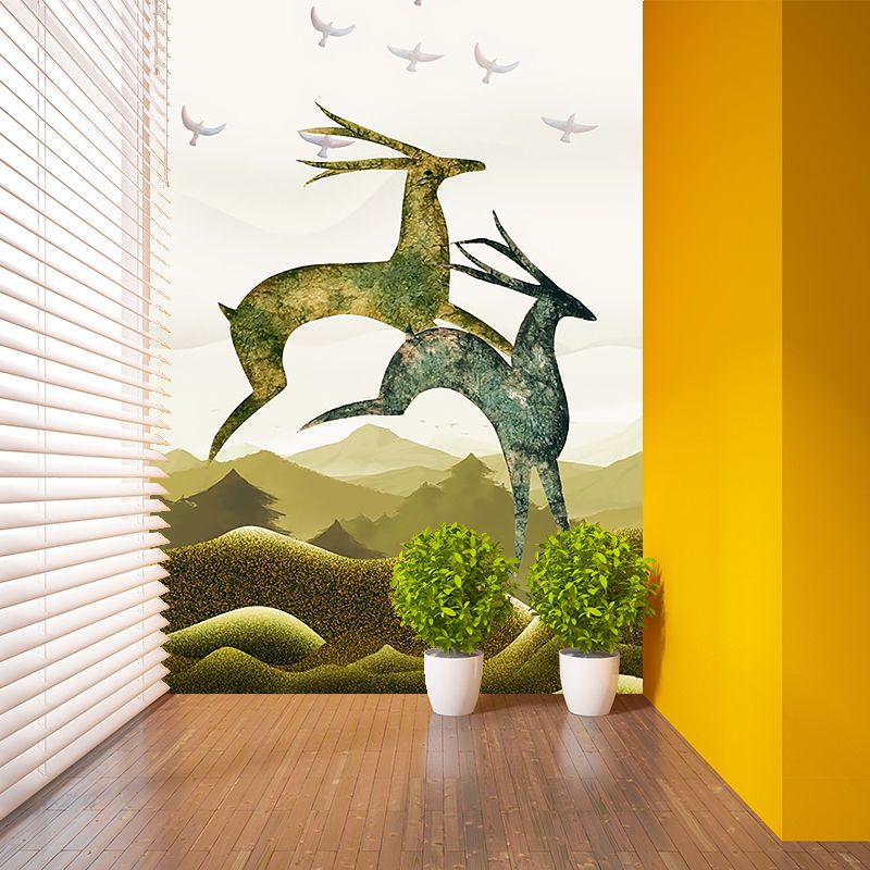 Blue-Brown Deer Mural Decal Animal Nordic Style Stain Resistant Wall Art for Bedroom