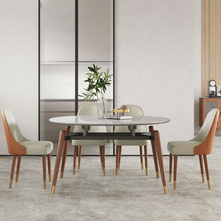 Contemporary Style Sintered Stone Dining Table with Grey Self-Storing Leaf and 4 Legs Base