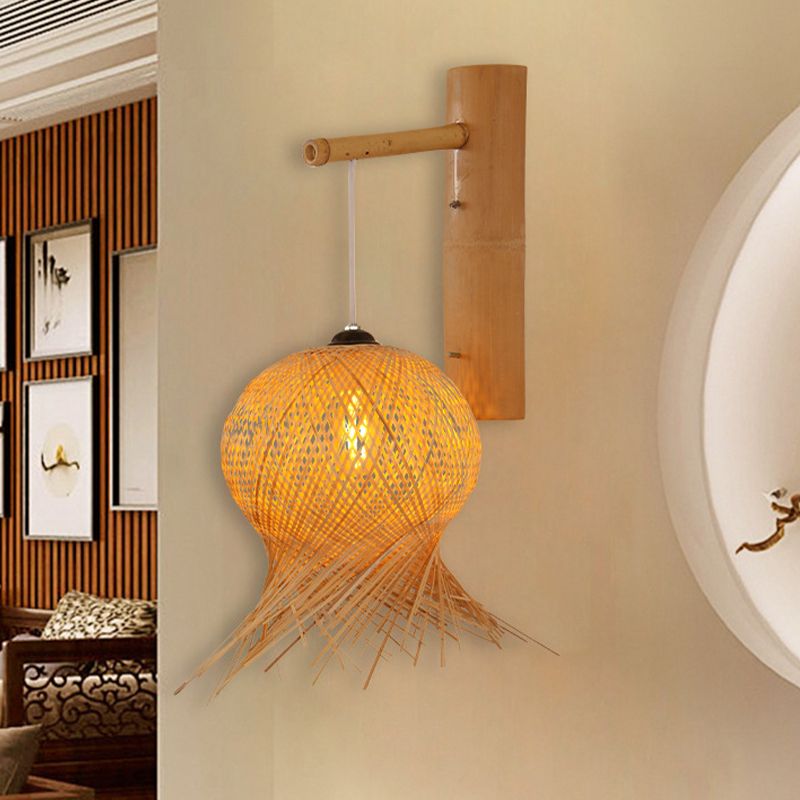 Lantern Sconce Light Chinese Bamboo 1 Bulb Wall Mounted Lamp in Flaxen for Teahouse