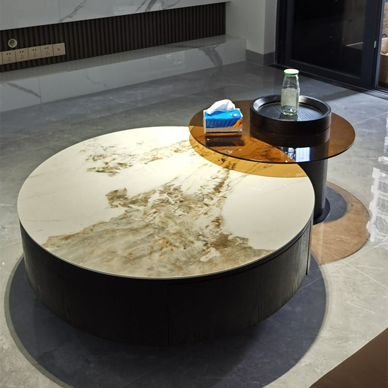 Modern Slate Coffee Table Round Bunching Coffee Table Set with Drawer