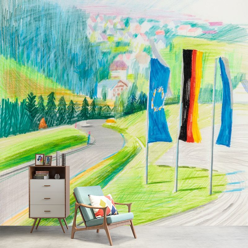 Scenery Roadside Flags Wall Mural Modern Art Non-Woven Wall Decoration in Blue-Green