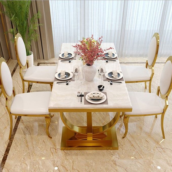 Traditional Luxury Marble Dining Table Rectangle Table with Metal Base in Gold