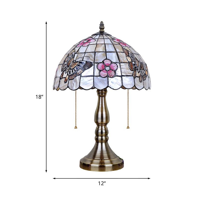 Schalenrasterschale Nachtlicht Tiffany 2 Köpfe gebürstet Messing Pull-Chain-Tischbeleuchtung mit Schmetterlingsblumenmuster