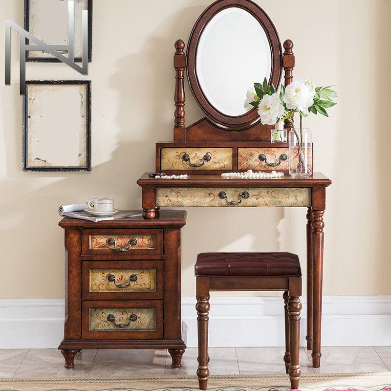 Victorian Wood Vanity Table with Mirror and Stool 15.75" D Vanity Table Set