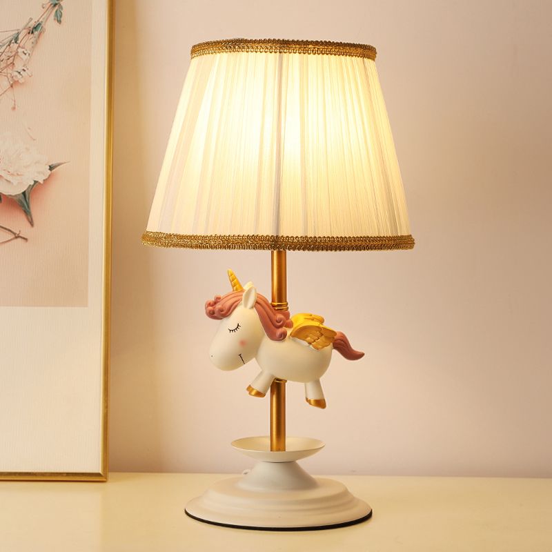 Cartoon Tapered Table Light Pleated Fabric Single Bedside Nightstand Lighting with Decorative Figurine in White