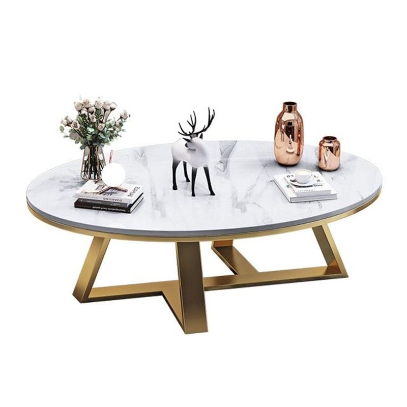Glam Oval Stone Top Coffee Table with Iron Cross Base Cocktail Table