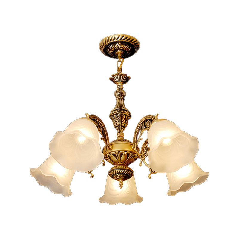 Brass Flower Chandelier Lamp Antique Frosted Glass 5-Head Living Room Ceiling Hang Light