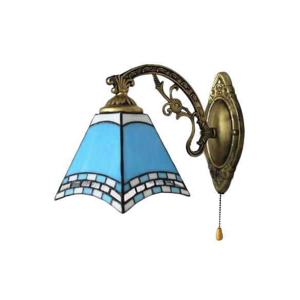 Mediterranean Pyramid Wall Lamp Blue Glass 1 Light Wall Mount Light with Pull Chain